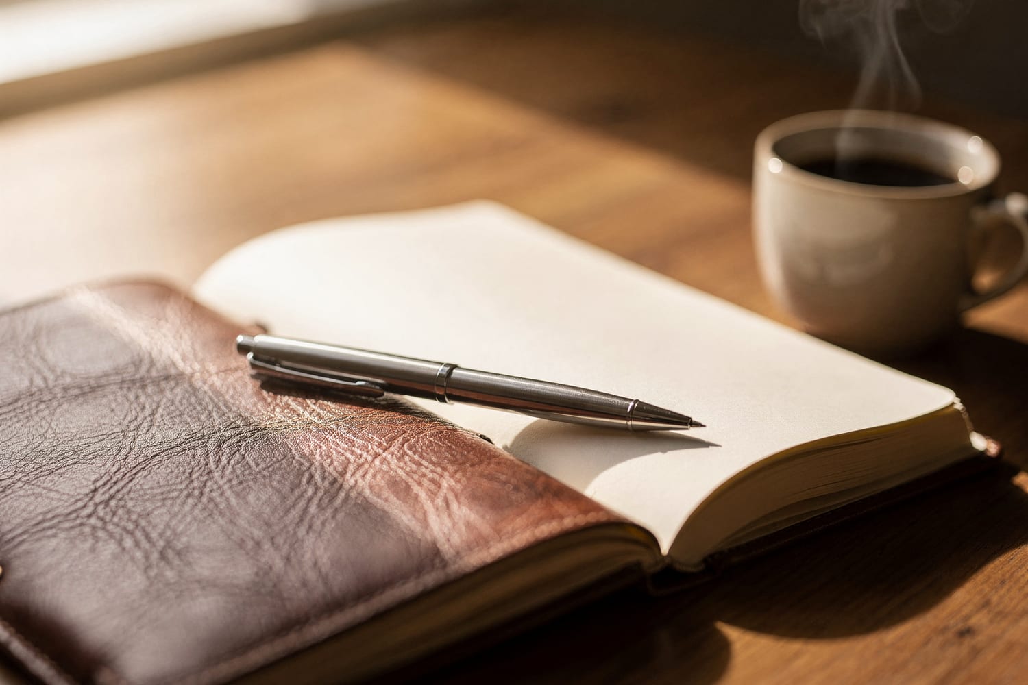 An open journal and coffee on a sunlit desk